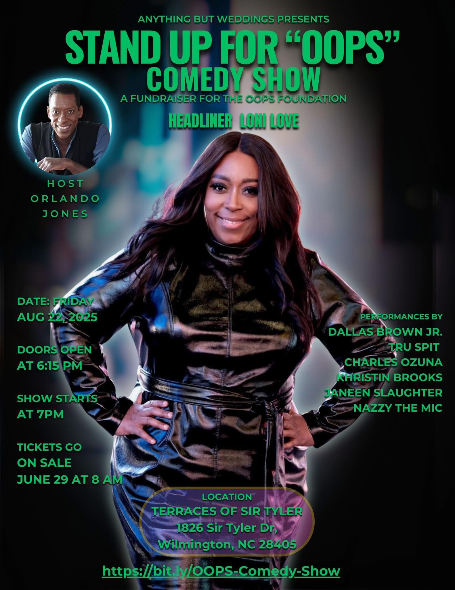 Loni Love headlines and Orlando Jones hosts Wilmington’s STAND UP for OOPS Comedy Show at Terraces on Sir Tyler