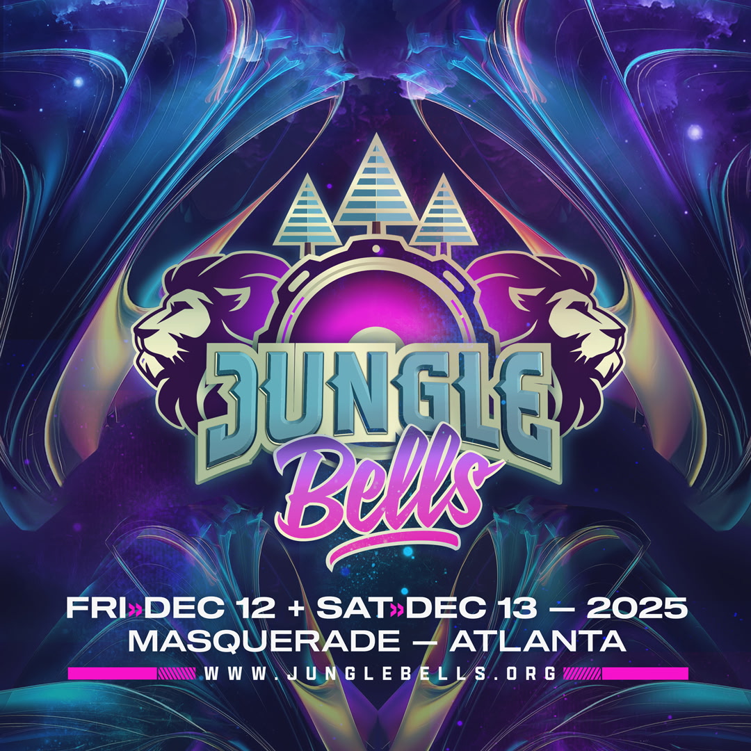 Jungle Bells 2025 official festival flyer for December 12–13 in Atlanta at Masquerade.