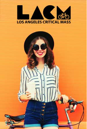 Smiling cyclist with bike at Los Angeles Critical Mass community ride poster