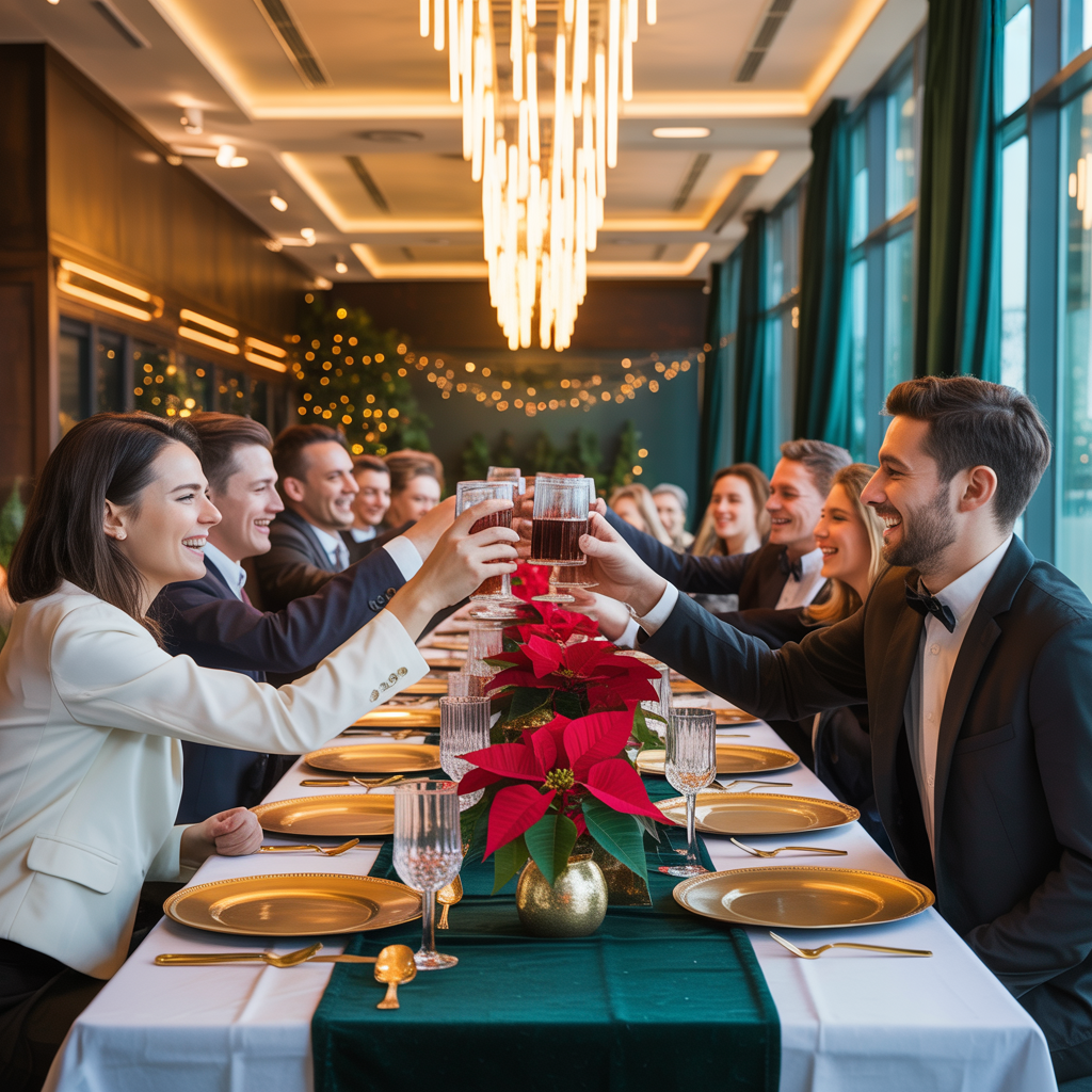 Corporate holiday dinner with colleagues celebrating at an elegant restaurant table with festive décor and poinsettia centerpieces