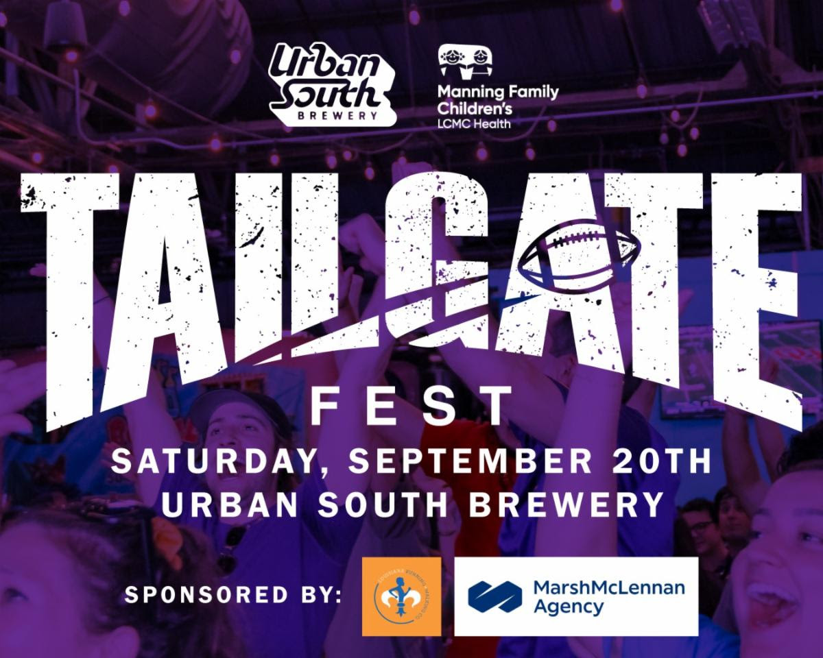 Urban South Brewery Tailgate Fest promo graphic with event details, sponsors, and logos