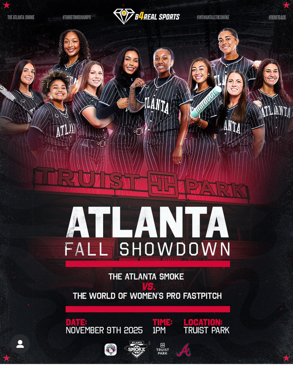 The Atlanta Smoke women’s fastpitch team posing at Truist Park for the Atlanta Fastpitch Classic 2025 presented by B4Real Sports.