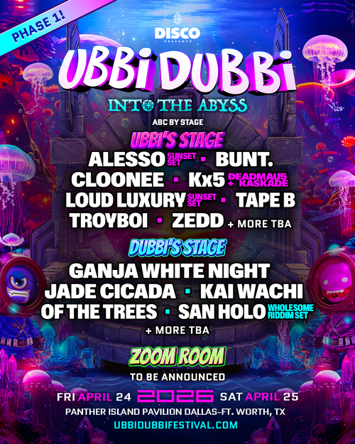 Ubbi Dubbi Festival 2026 Into the Abyss lineup poster featuring Kx5, Alesso, Zedd, Ganja White Night, and more.
