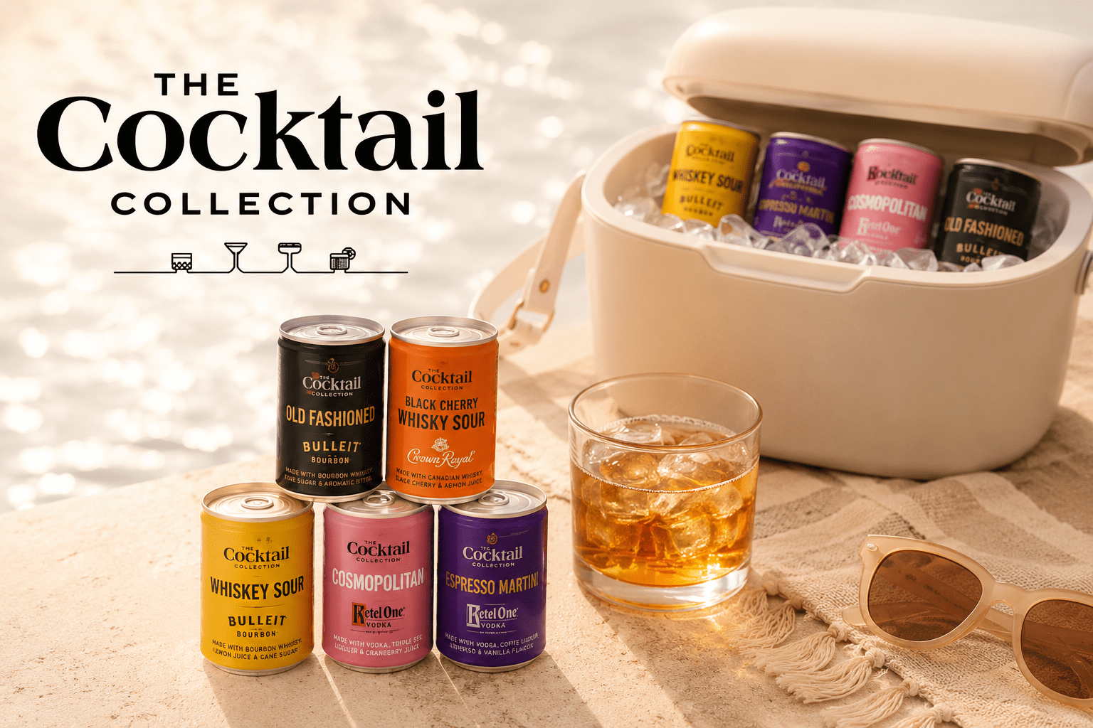 The Cocktail Collection Mini Cans featuring premium ready-to-drink cocktails made with Ketel One Vodka, Bulleit Bourbon, and Crown Royal.