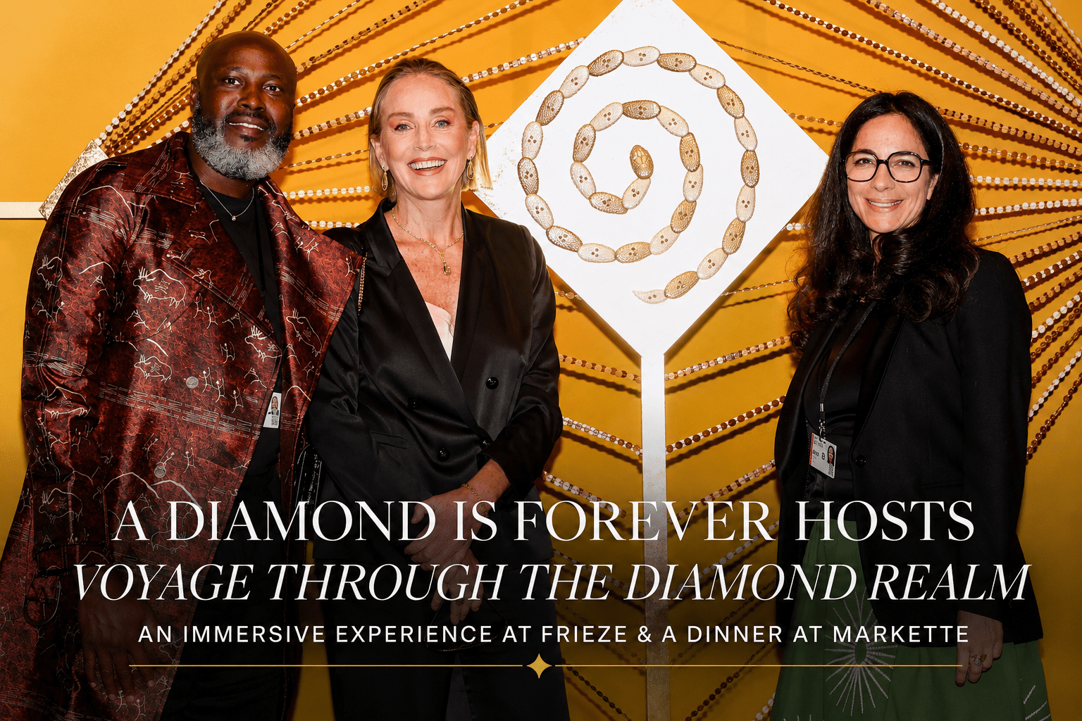 Sharon Stone attends De Beers Voyage Through the Diamond Realm immersive diamond exhibition at Frieze New York.