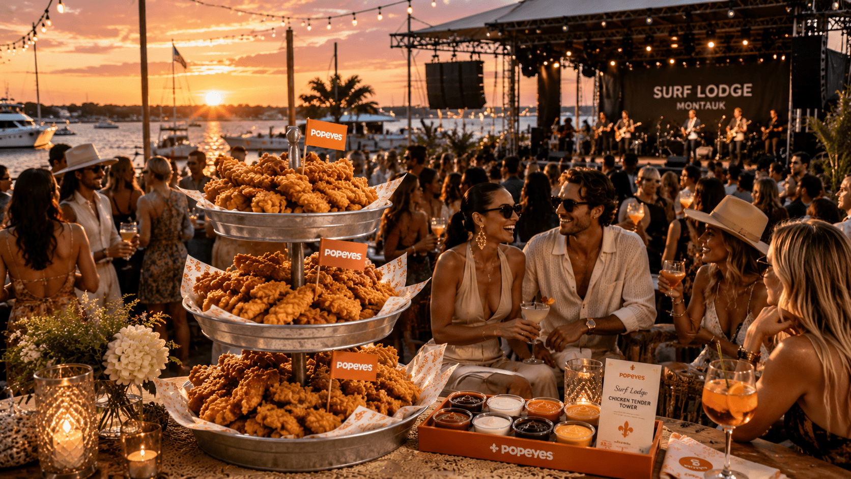 Popeyes Chicken Tender Towers overlooking the waterfront at The Surf Lodge in Montauk during Summer 2026 partnership activation.