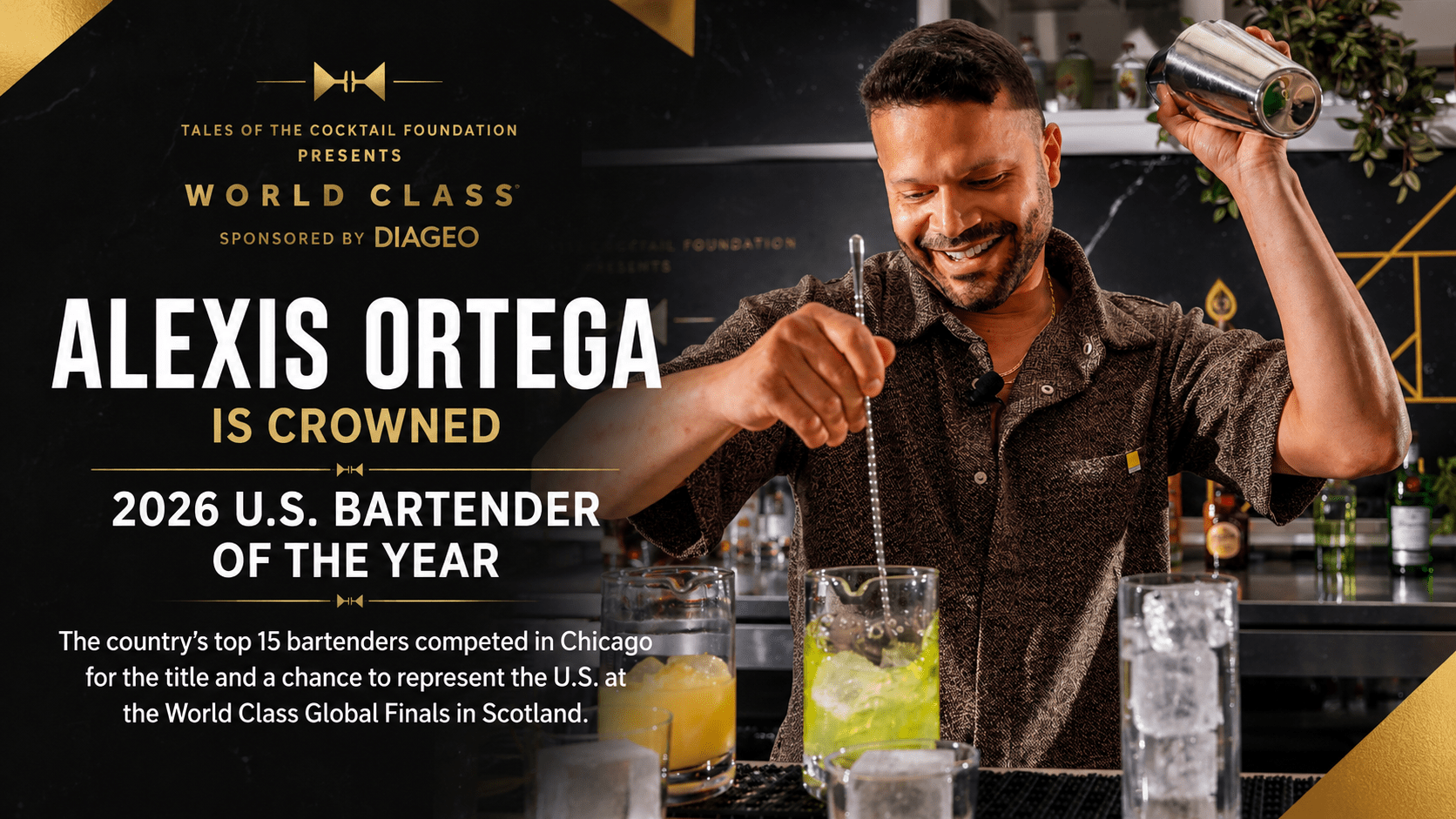 Alexis Ortega, 2026 U.S. Bartender of the Year, crafting a cocktail during the World Class National Finals in Chicago. Photo Credit: Shannon Sturgis