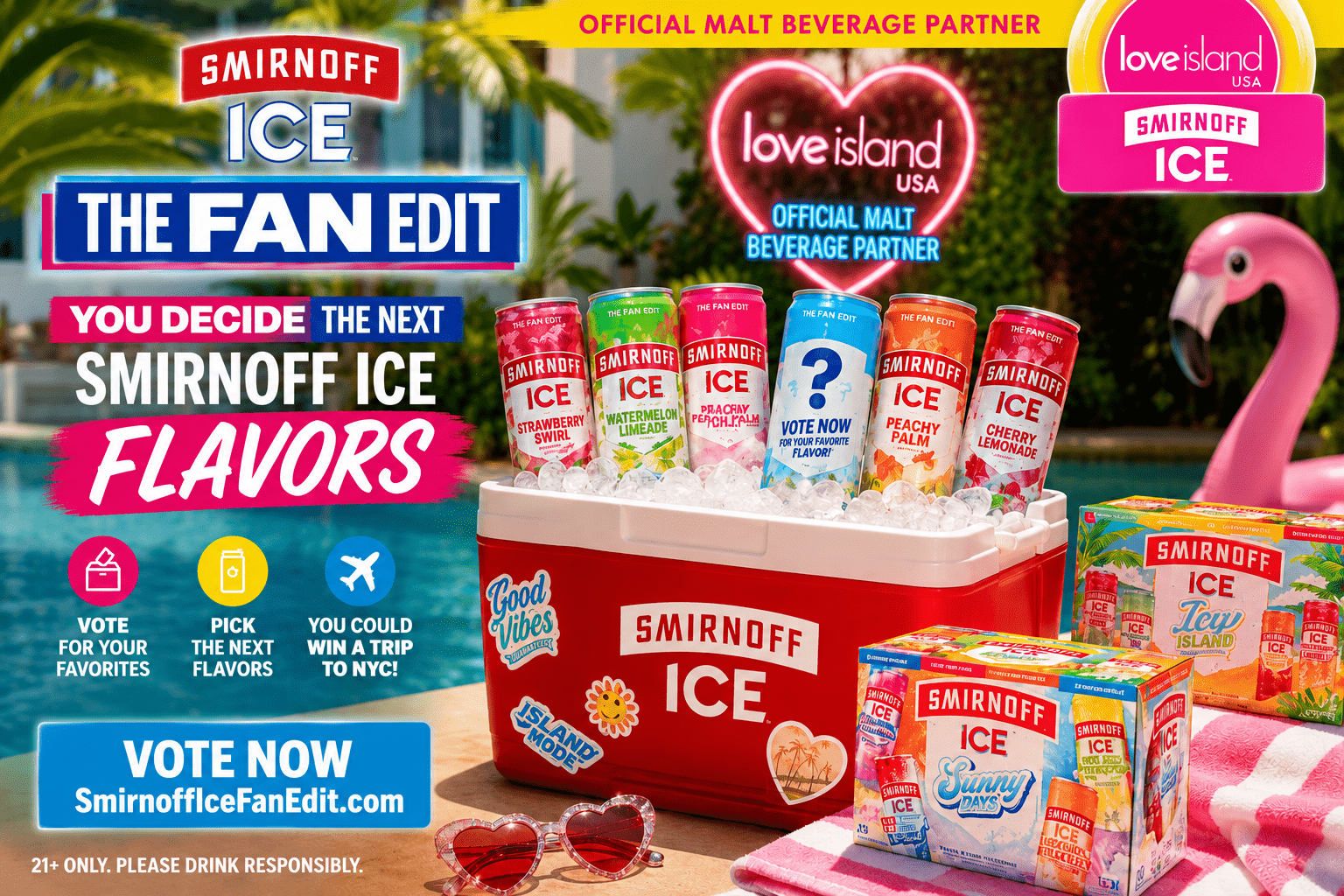 Smirnoff Ice Fan Edit campaign featuring Love Island USA partnership, tropical poolside cooler, summer flavors, and fan voting promotion.