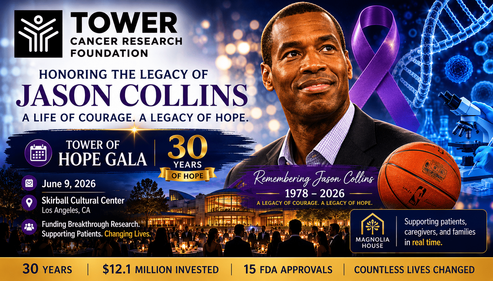 Tower Cancer Research Foundation logo promoting the 2026 Tower of Hope Gala honoring former NBA player Jason Collins.