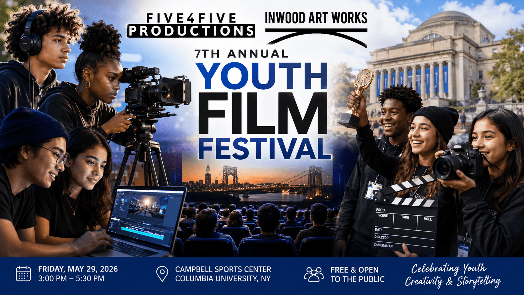 Five4Five Productions and Inwood Art Works logos promoting the 7th Annual Youth Film Festival celebrating student filmmakers in New York City.