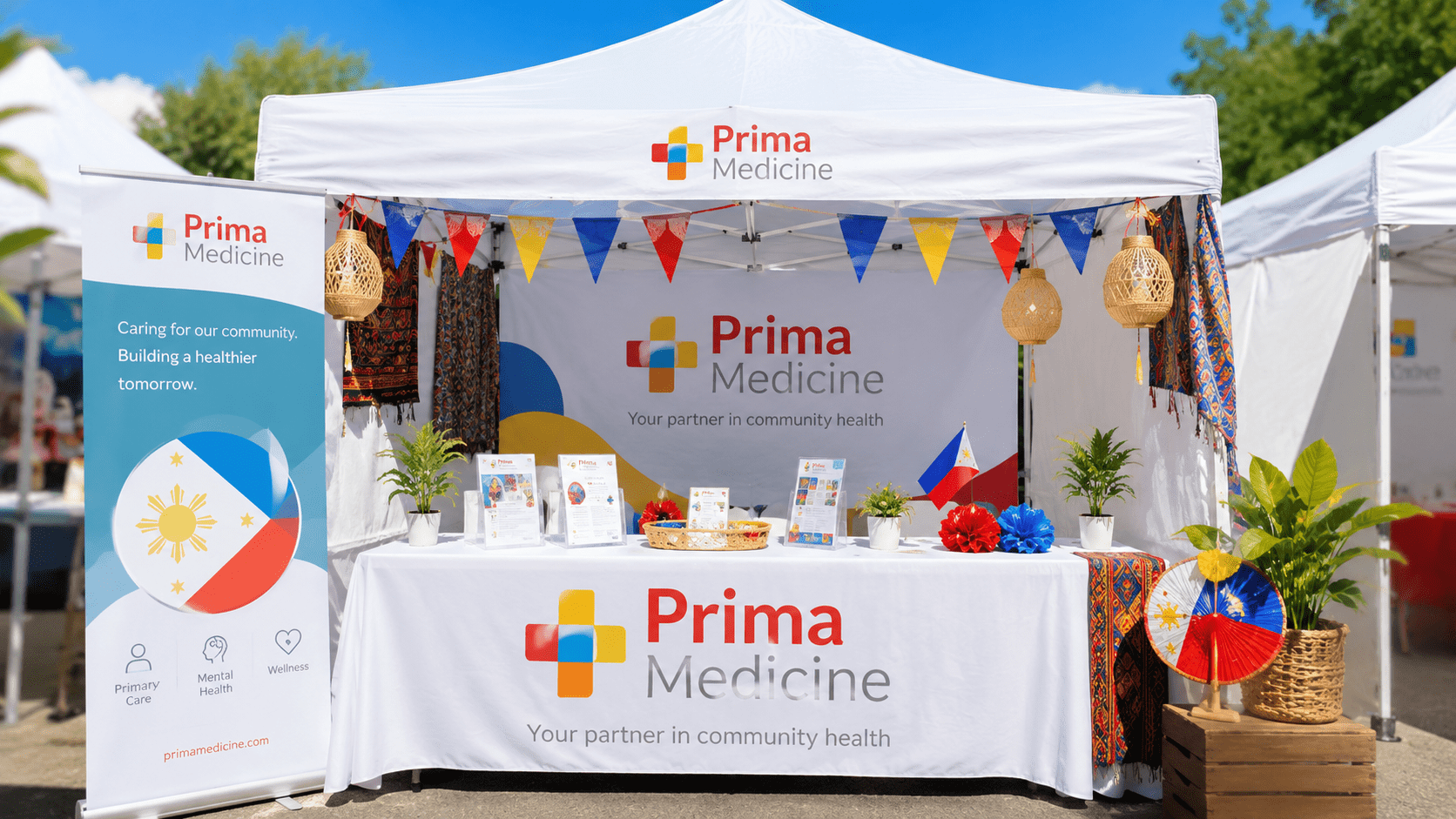 Prima Medicine community health booth decorated for the FilAm Festival with Filipino heritage colors and wellness materials
