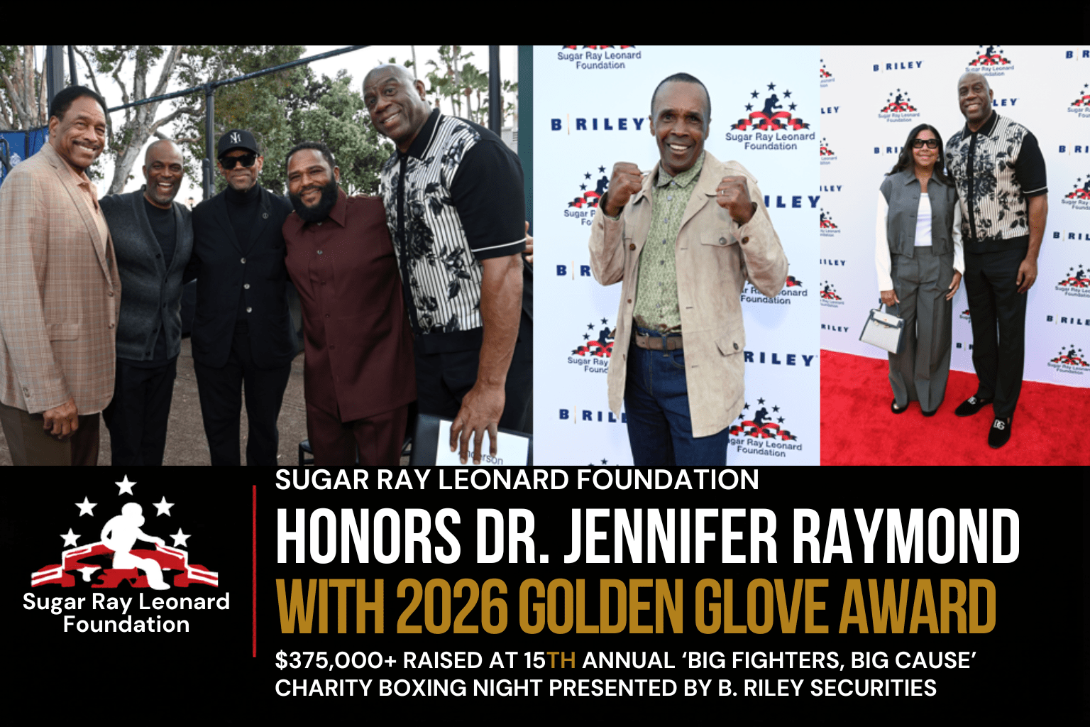Sugar Ray Leonard presents the 2026 Golden Glove Award to Dr. Jennifer Raymond during the Big Fighters Big Cause Charity Boxing Night.