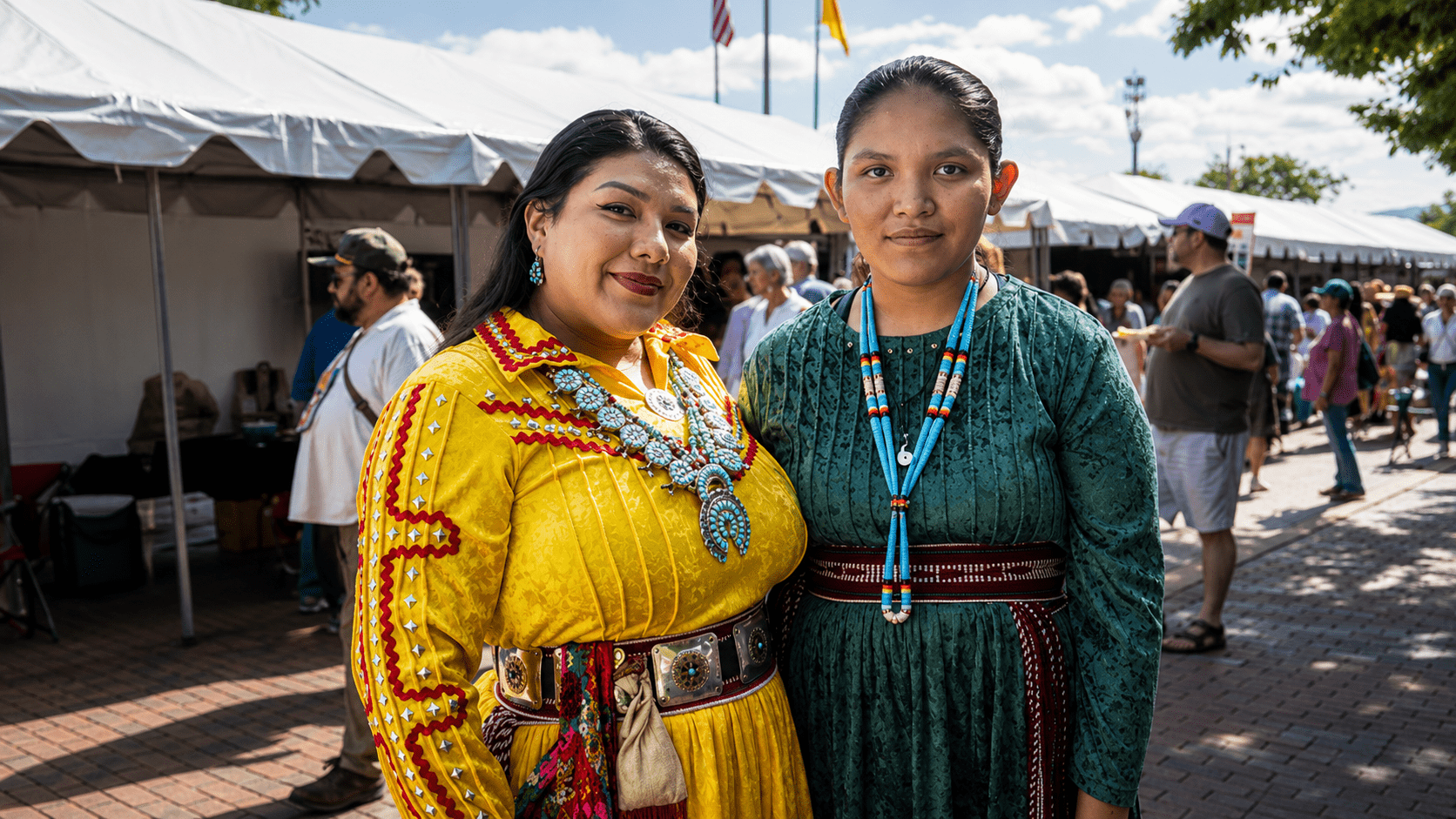 Two Native women at Santa Fe Indian Market wearing traditional and contemporary Indigenous attire.