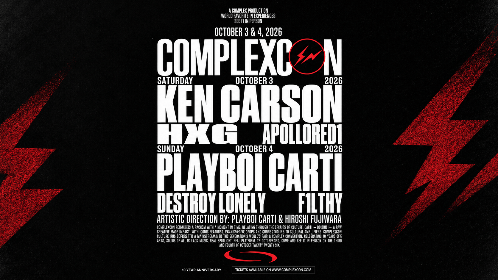 ComplexCon 2026 poster featuring Playboi Carti, Ken Carson, Destroy Lonely, F1lthy, HXG and ApolloRed1