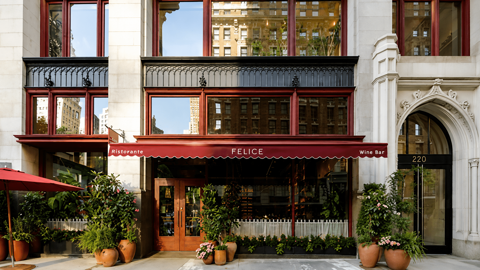 Exterior of Felice Flatiron restaurant at 220 Fifth Avenue in New York City