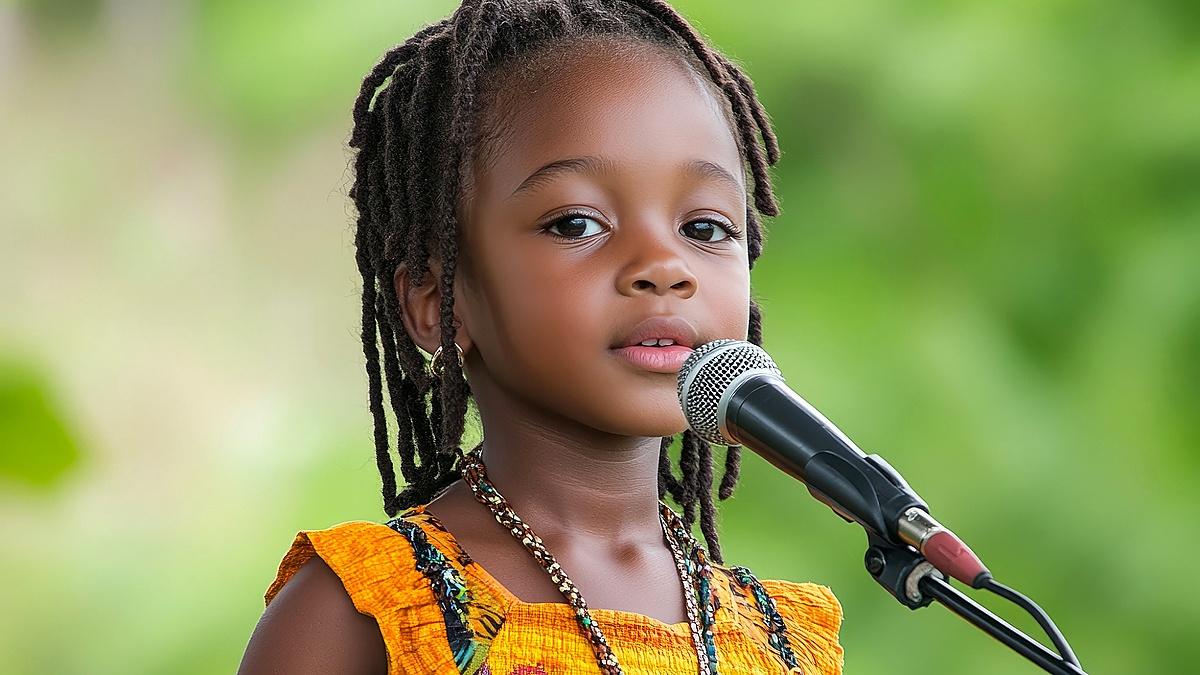 Young performer speaking into a microphone during a youth orature showcase