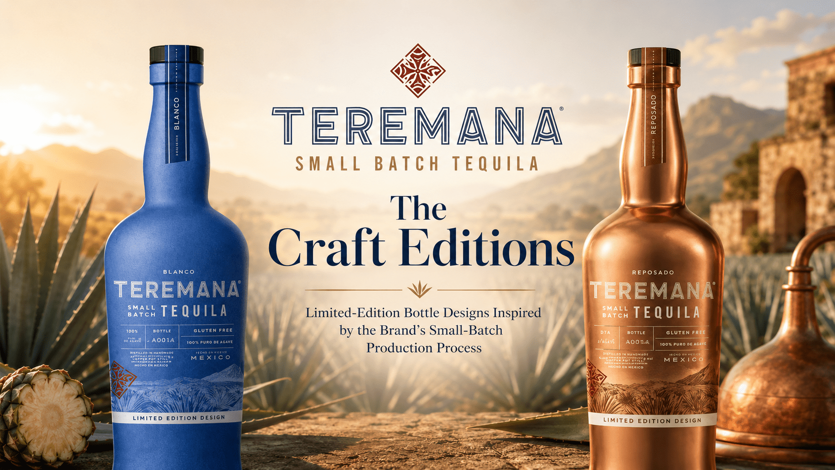 Teremana Craft Editions blue Blanco and copper Reposado tequila bottles in a Jalisco agave field