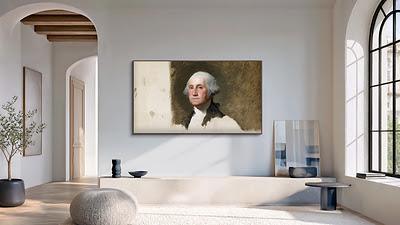 Samsung Art TV displaying a historic American portrait in a modern living room for the Samsung Art Store America 250 collections.