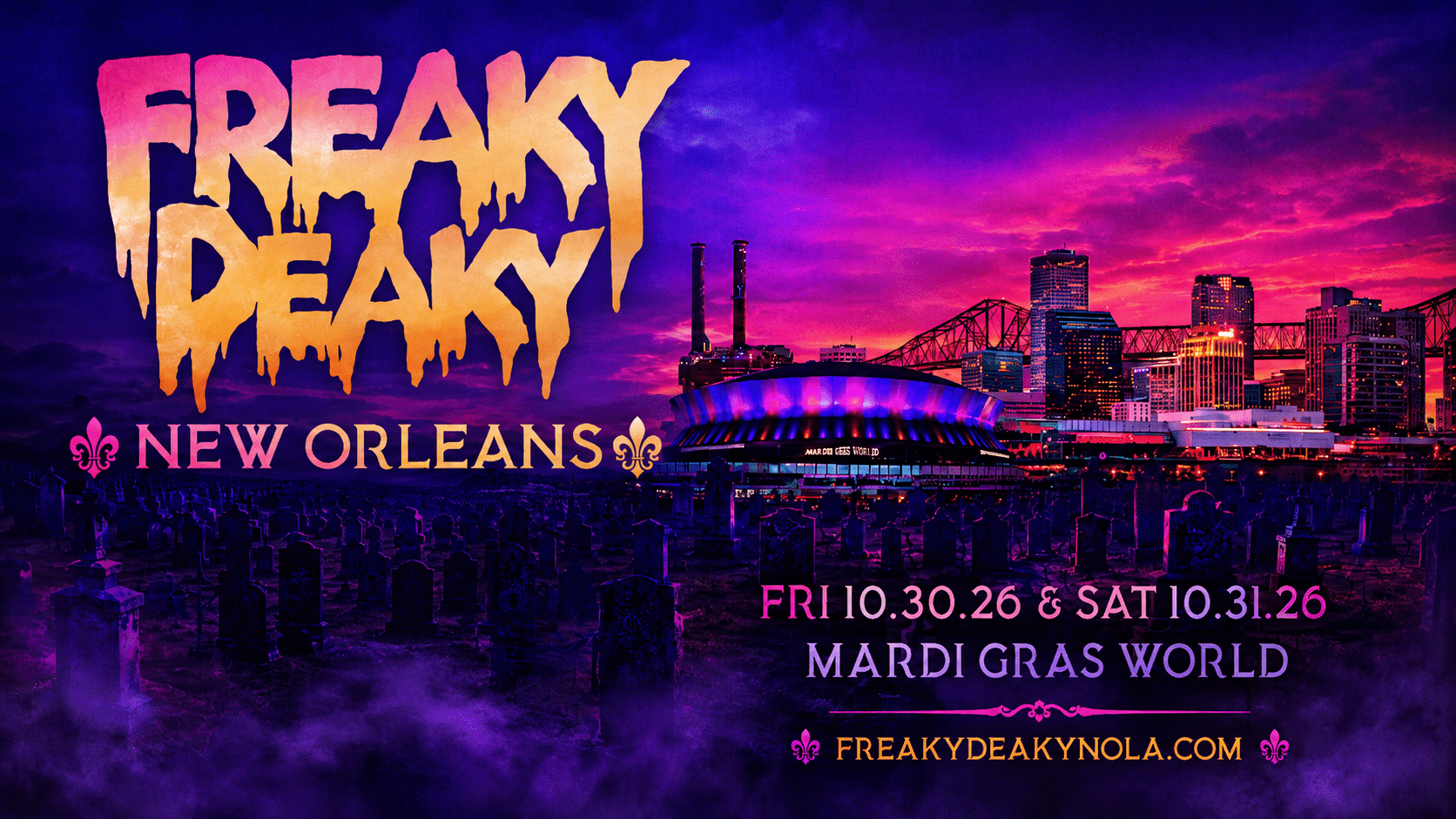 Freaky Deaky NOLA Halloween festival at Mardi Gras World in New Orleans October 30 and 31, 2026