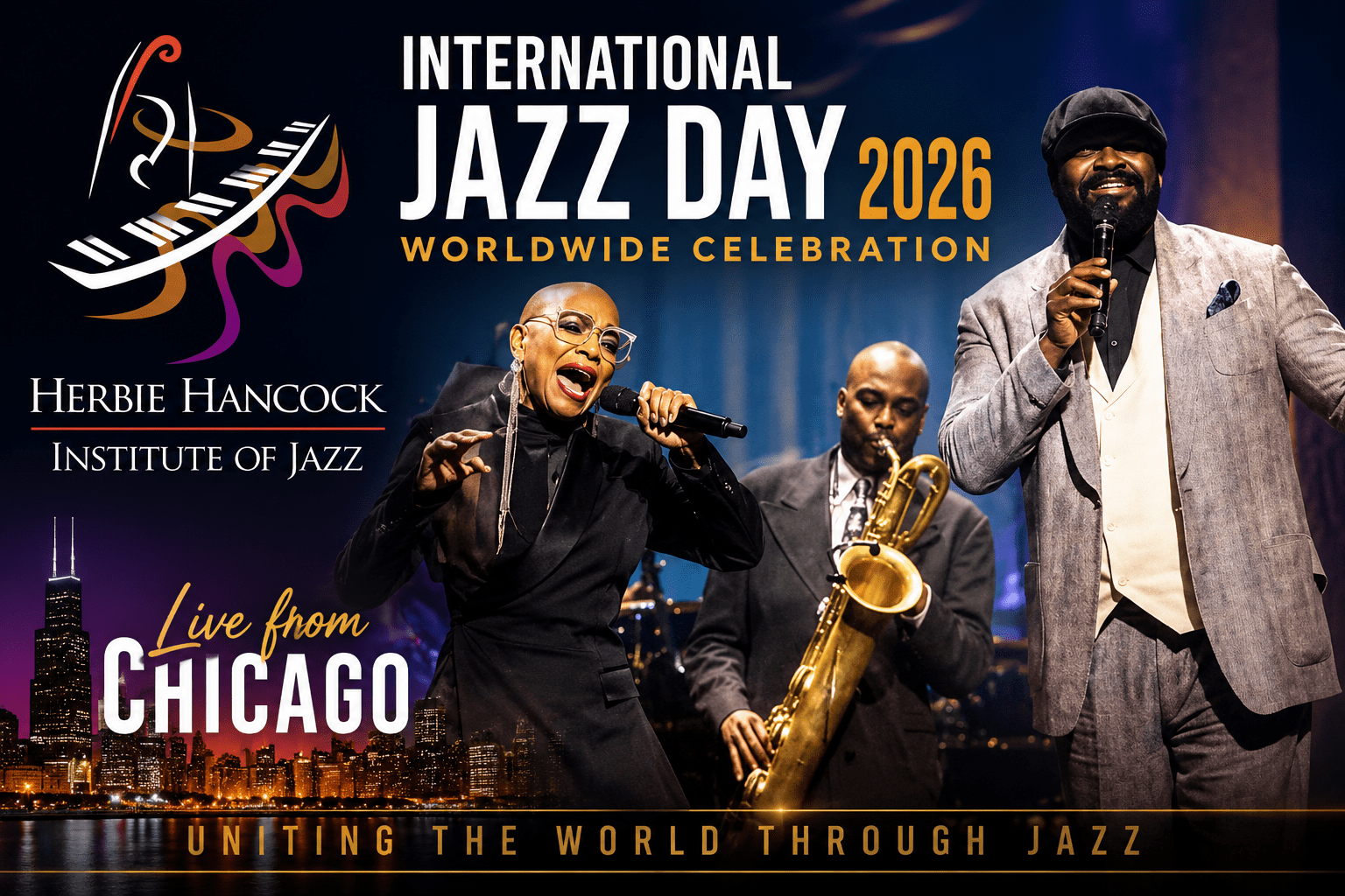 Herbie Hancock, Dee Dee Bridgewater, Gregory Porter and international jazz artists performing during International Jazz Day 2026 in Chicago.