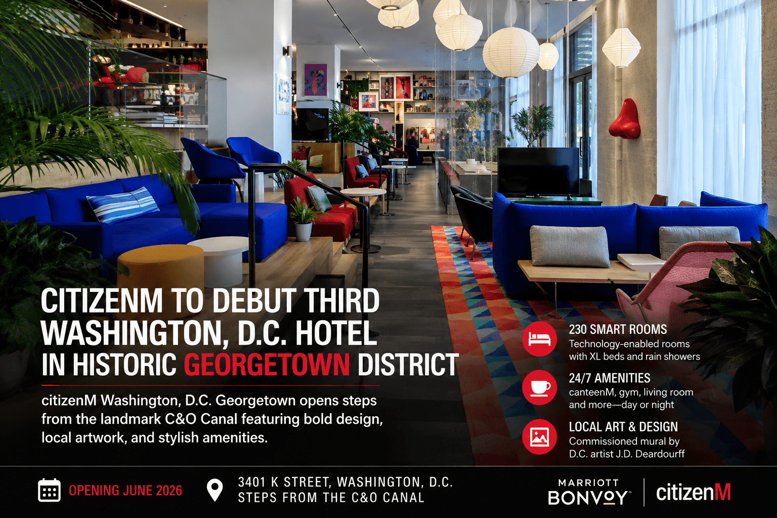 Colorful living room inside citizenM Washington D.C. Georgetown hotel