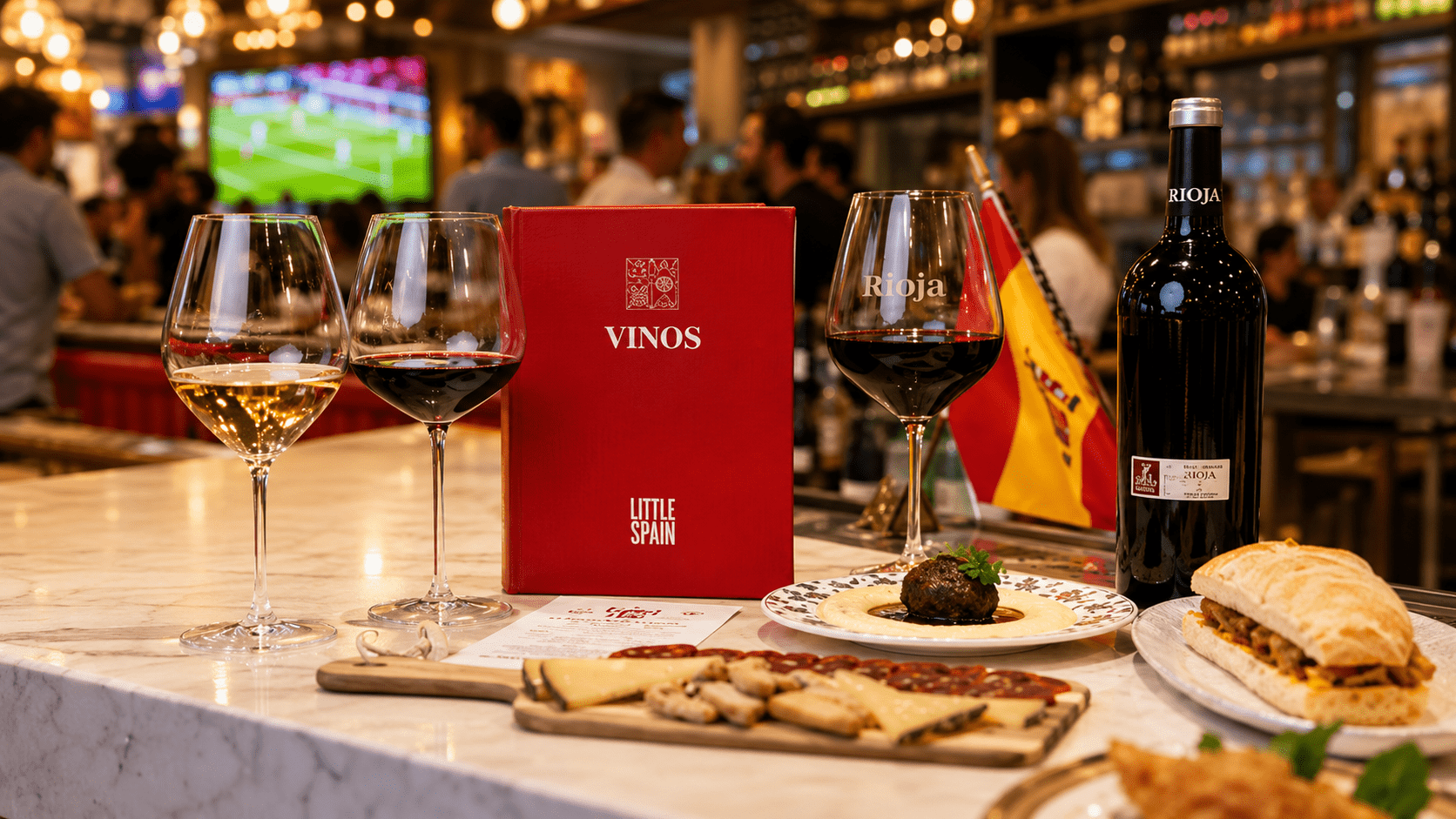 Rioja wine and Spanish tapas displayed during the Mercado Little Spain soccer tasting series at Hudson Yards