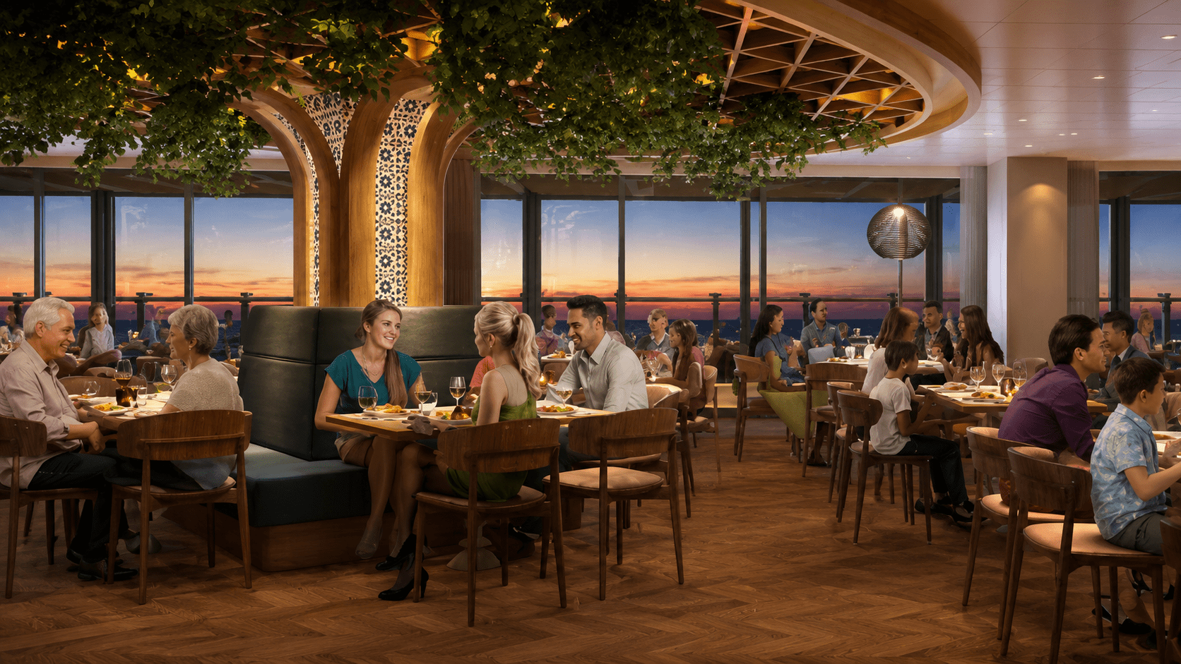 Guests dining in an elegant Carnival Cruise Line restaurant at sea with ocean views