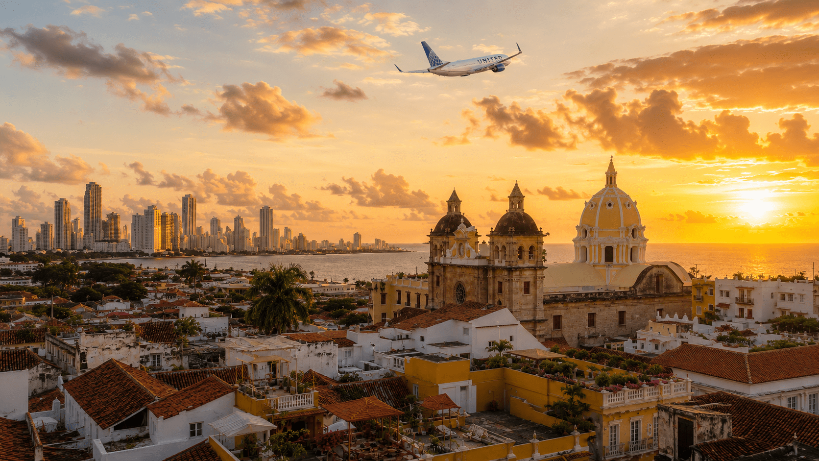 Cartagena, Colombia skyline at sunset as United announces new nonstop flights to the Caribbean city