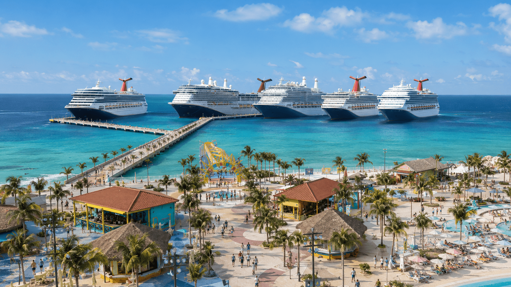 Carnival cruise ships docked at Celebration Key in Grand Bahama