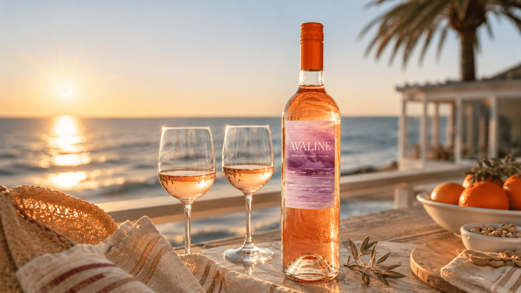 A chilled bottle of Avaline’s limited-edition French Rosé beside two glasses on a stylish coastal hotel terrace during golden hour.