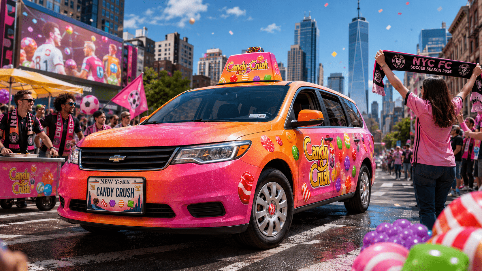 Candy Crush themed New York license plate on a colorful Candy Cab for Soccer Season 2026