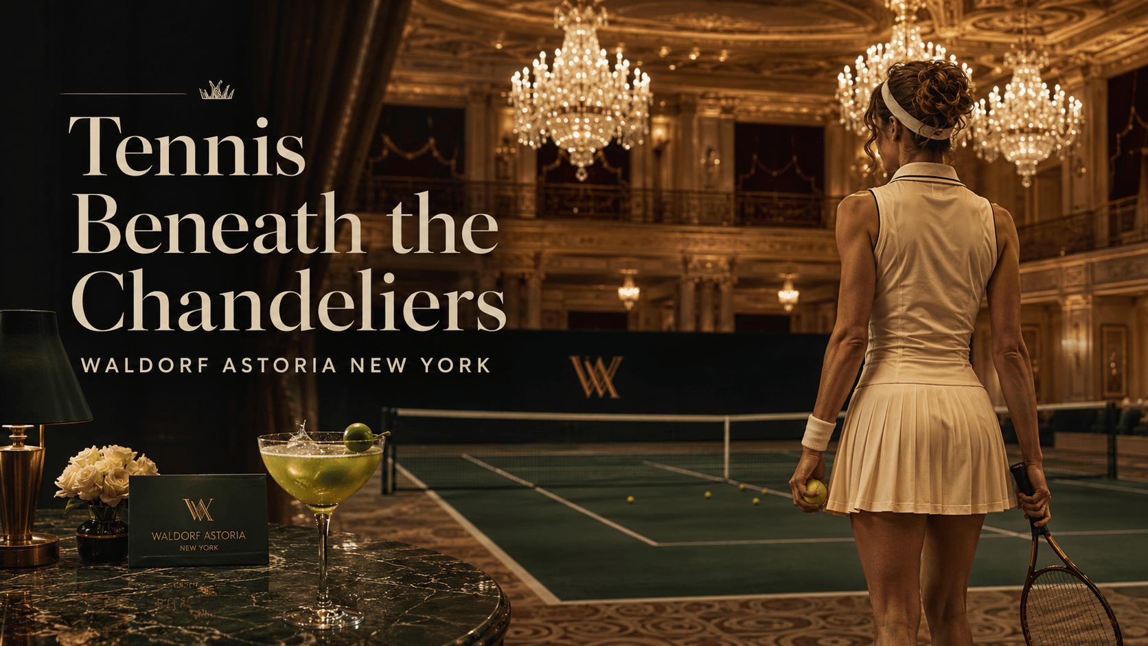 Female tennis player standing on a court beneath chandeliers in the Waldorf Astoria New York Grand Ballroom