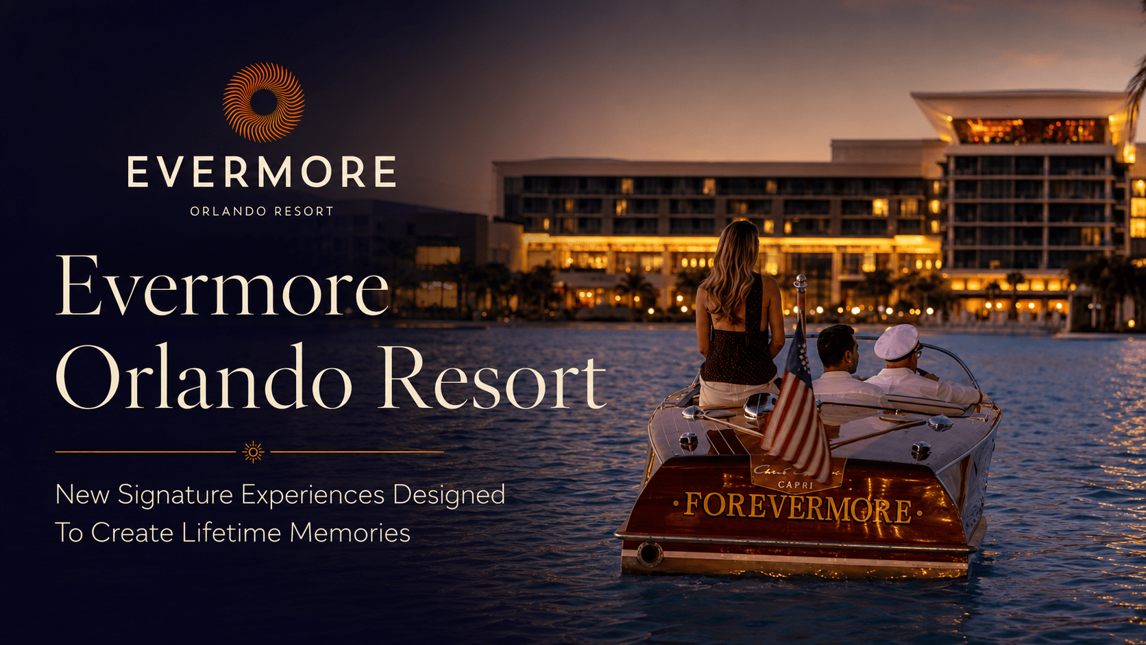 Guests enjoy a sunset cruise across Evermore Bay as Evermore Orlando Resort glows along the waterfront.