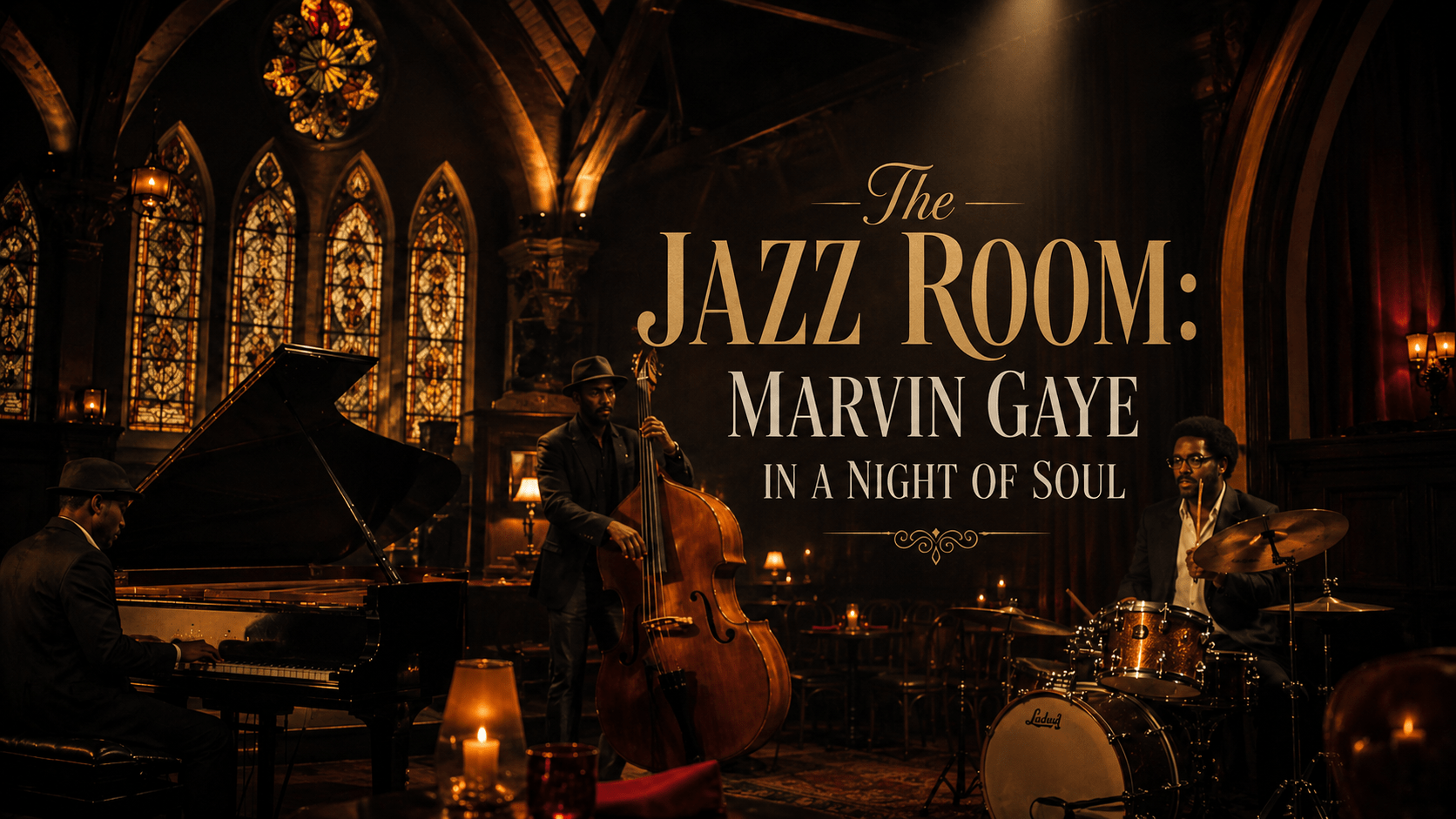 The Jazz Room Marvin Gaye in a Night of Soul featured image with live jazz band, stained glass venue, and elegant title overlay