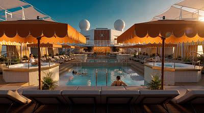 Celebrity Cruises Celebrity Reflection pool deck with cabanas, lounges, and sunset Caribbean atmosphere