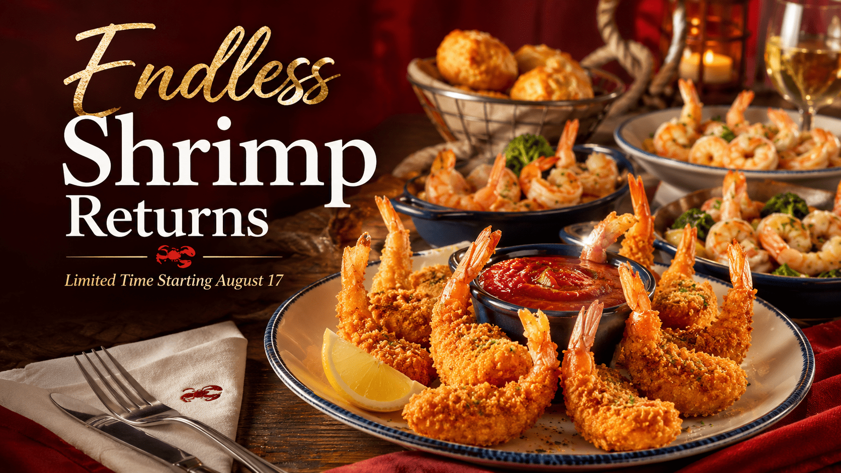 Red Lobster Endless Shrimp promotion featuring crispy shrimp, dipping sauce, and multiple shrimp dishes in a warm, upscale seafood dining setting.