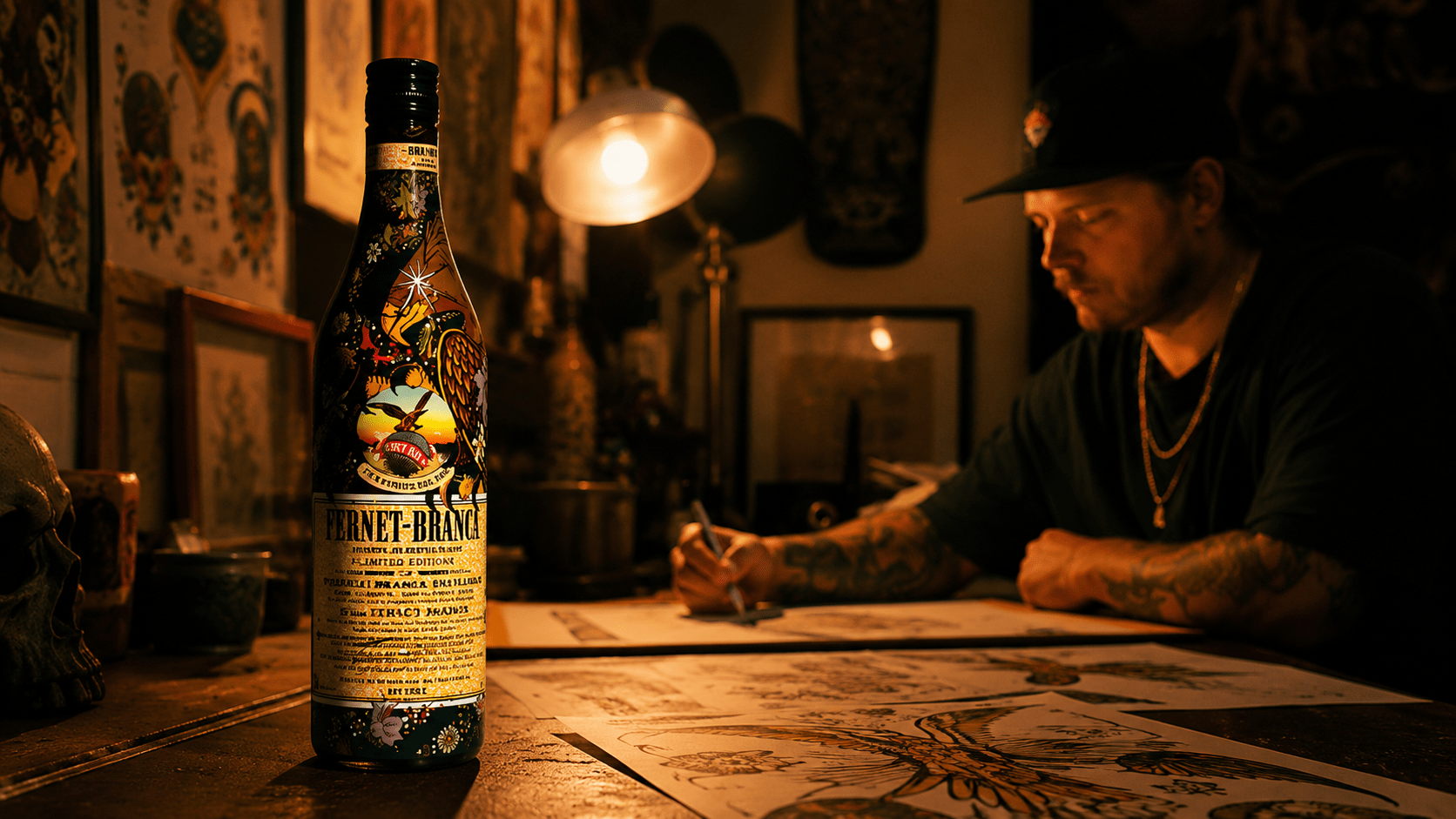 Fernet-Branca 2026 limited-edition bottle featuring tattoo-inspired artwork by Los Angeles artist Austin England.