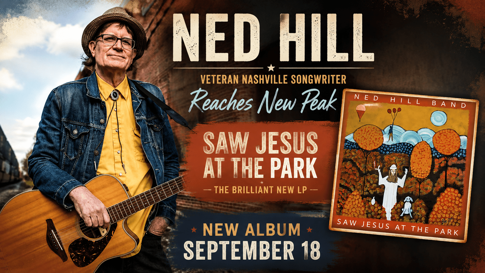 Nashville songwriter Ned Hill with guitar promoting his new album Saw Jesus at the Park, releasing September 18, 2026.
