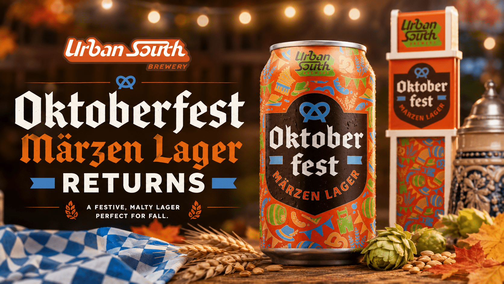 Urban South Brewery Oktoberfest Märzen Lager can featured with hops, barley and Bavarian-inspired fall decor.