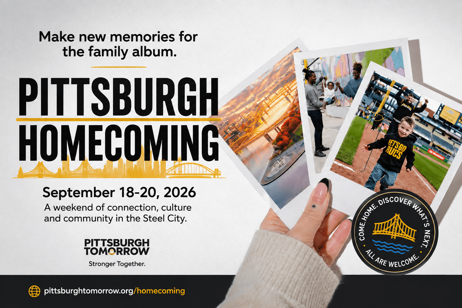 Pittsburgh Homecoming promotional graphic featuring family memories and September 18-20, 2026 event dates