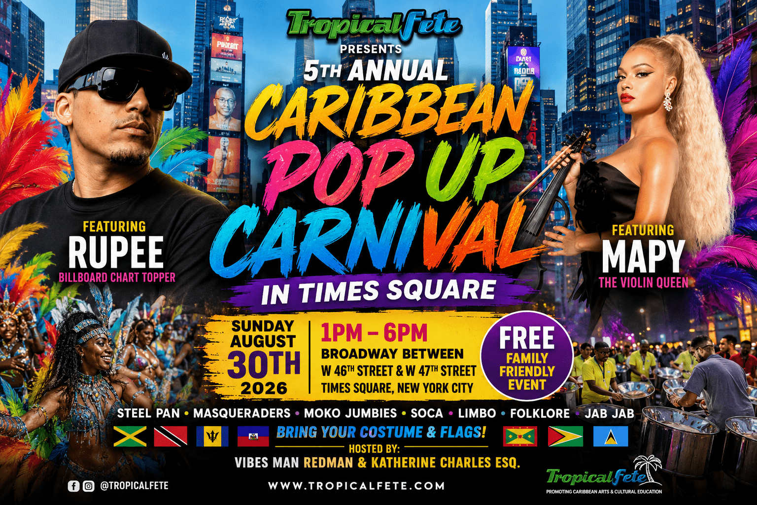 Tropicalfete Caribbean Pop-Up Carnival Times Square 2026 featuring Rupee and Mapy