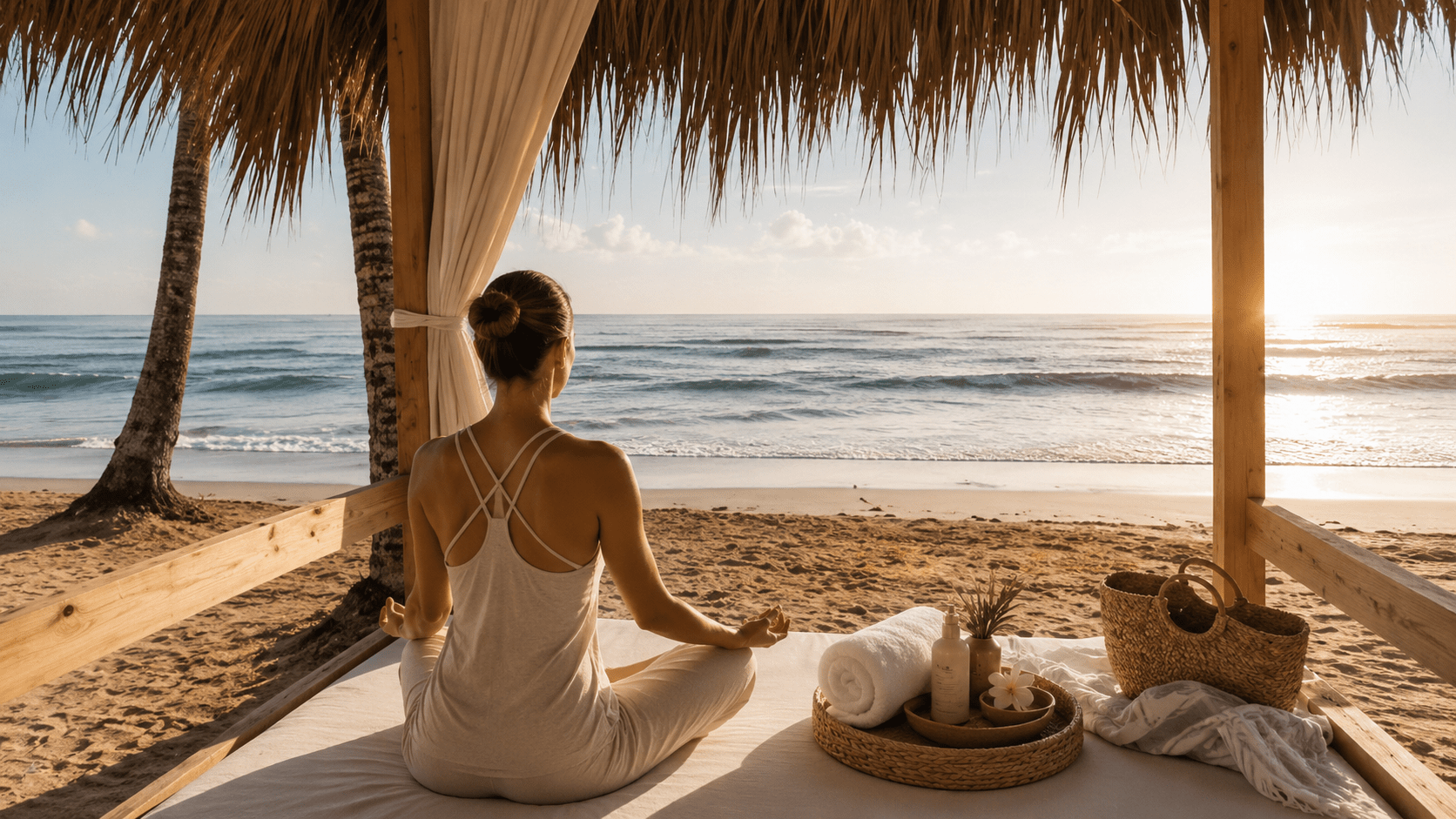 Woman meditating in a beachfront cabana overlooking the ocean, representing Marriott Bonvoy all-inclusive wellness travel experiences in the Caribbean and Mexico.