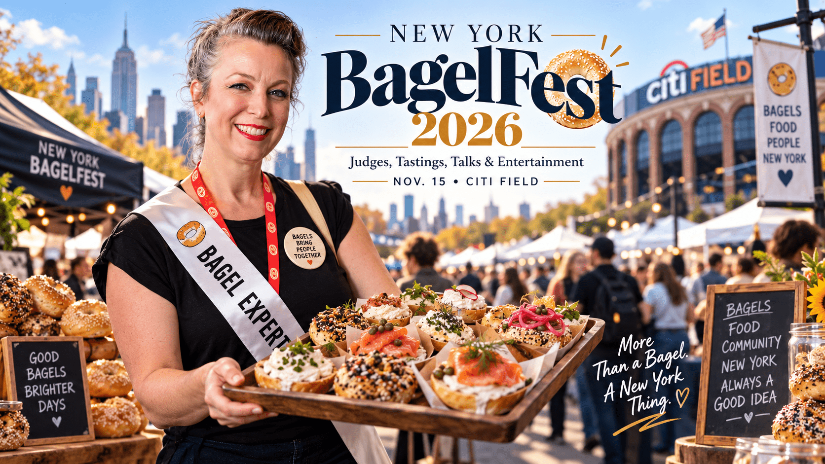 New York BagelFest 2026 at Citi Field featuring bagel tastings, judges, industry talks and live entertainment