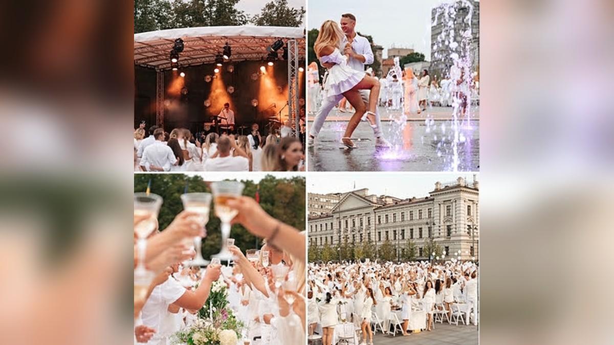 Collage of guests dressed in white toasting with champagne, dancing by a fountain, and dining at long outdoor tables beside a stage
