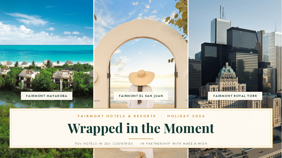 Three-panel image of Fairmont Mayakoba’s beachfront villas, a guest walking through a white arch to the beach at Fairmont El San Juan, and Fairmont Royal York at golden hour