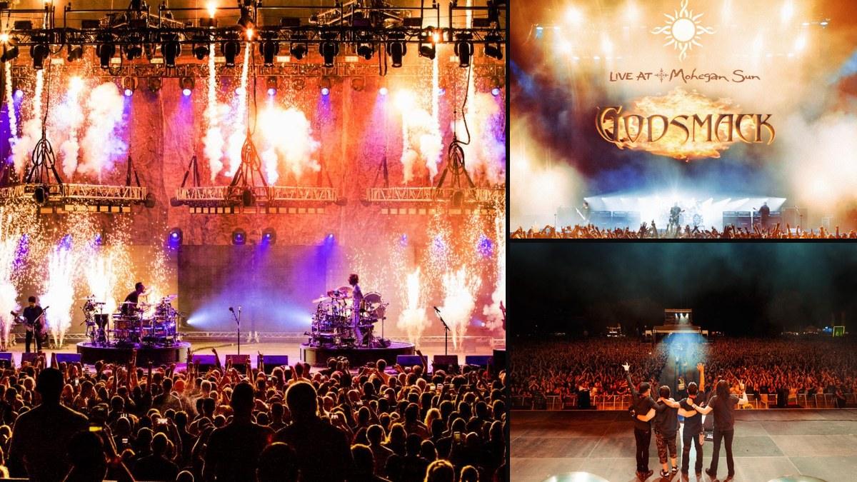 Godsmack concert collage showing two drum kits on risers amid sparkler pyrotechnics, the Live at Mohegan Sun album cover, and the band arm in arm facing a huge crowd