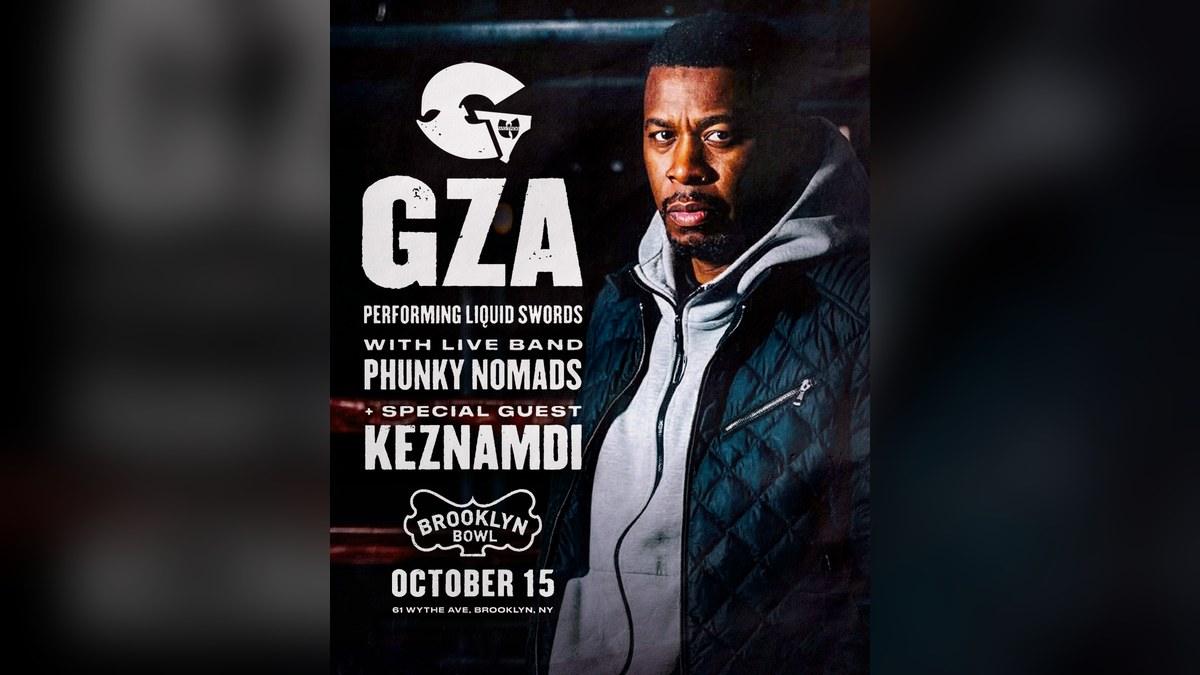 GZA in a gray hoodie and black quilted jacket on a flyer for his Liquid Swords show at Brooklyn Bowl on October 15 with Phunky Nomads and Keznamdi