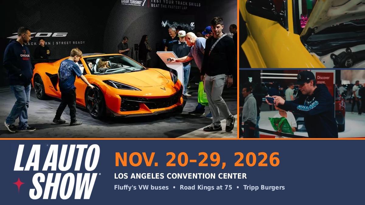 Orange Corvette Z06 surrounded by visitors at the Los Angeles Auto Show, with a graphic for the Nov. 20–29, 2026 dates