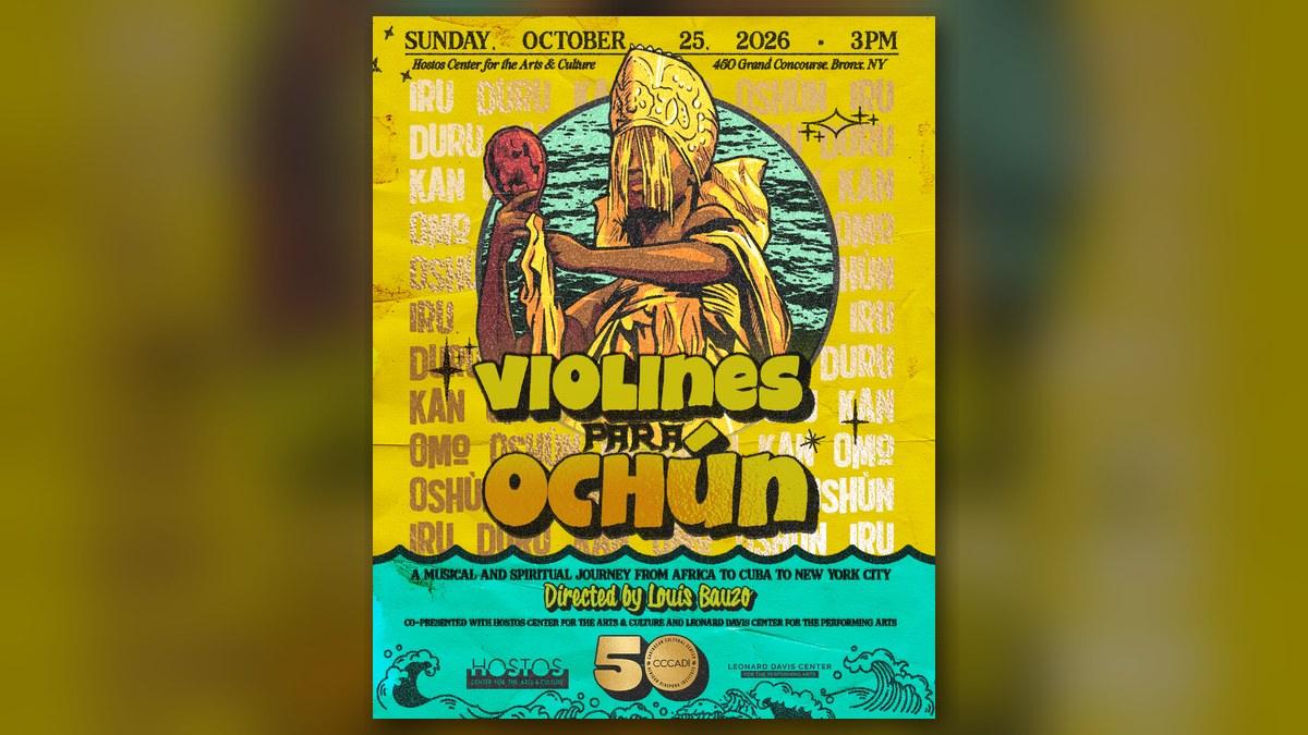 Violines Para Ochún poster showing an illustrated figure of Ochún in gold robes holding a red fan against a teal sea, with event details for October 25, 2026